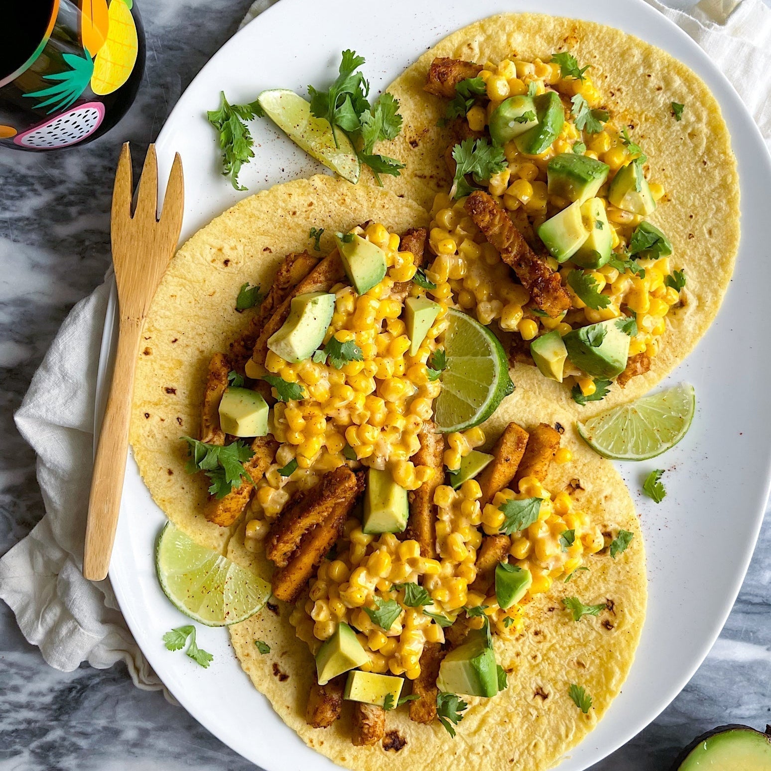 Vegan Chicken + Spicy Street Corn Tacos